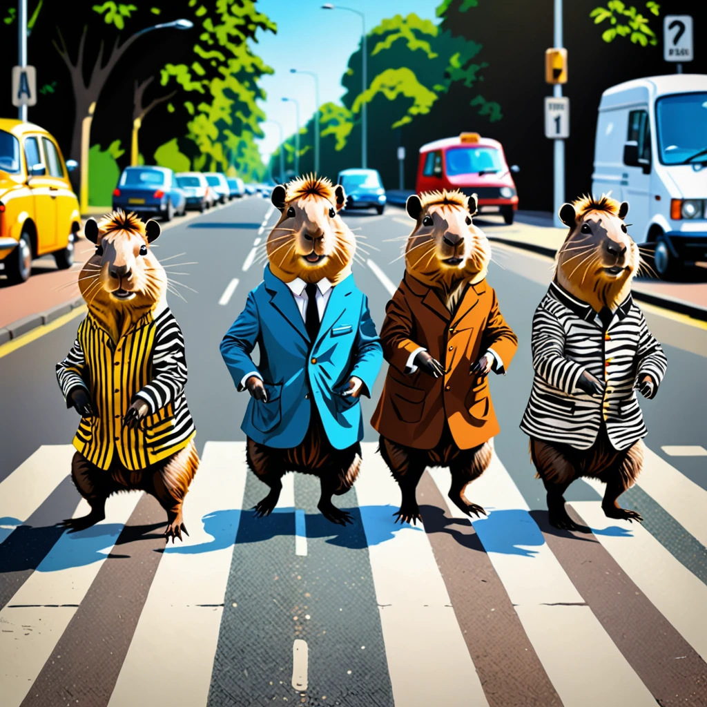 Four cute capybara, Beatles impersonation, same hairstyles and outfits, walking right on Abbey Road zebra crossing, Abbey Road is the 11th album of the British rock band The Beatles. 