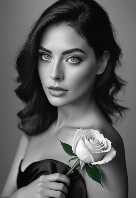 black and white, a woman with  green eyes, flawless skin, half body shot, holding a rose, whimsical photography style, captured ...