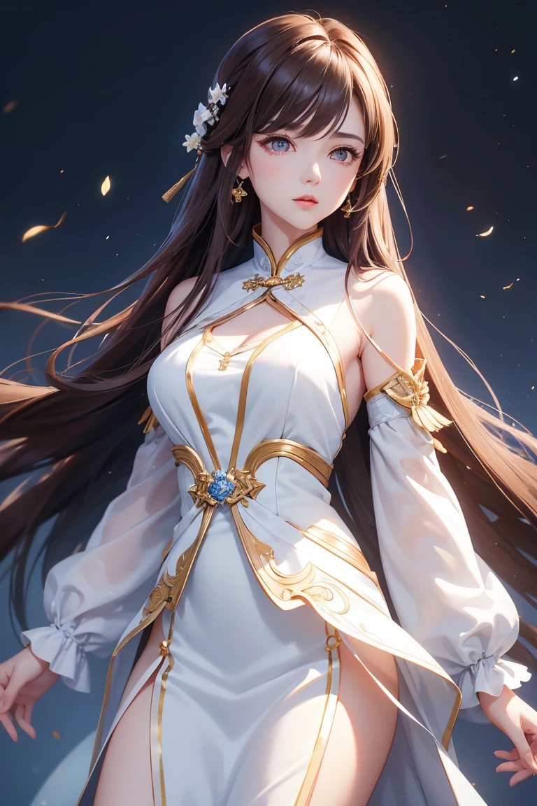 Masterpiece, Best quality, 1 Female, Mature Woman, Elder Sister, young girl, Royal Sister, brown eyes, long hair, smoky mix brown color hair, resolute eyes, white mix blue dress, long white eardrop, Chinese mix morden, frontal photo, blank background, remove background, anime, illustration