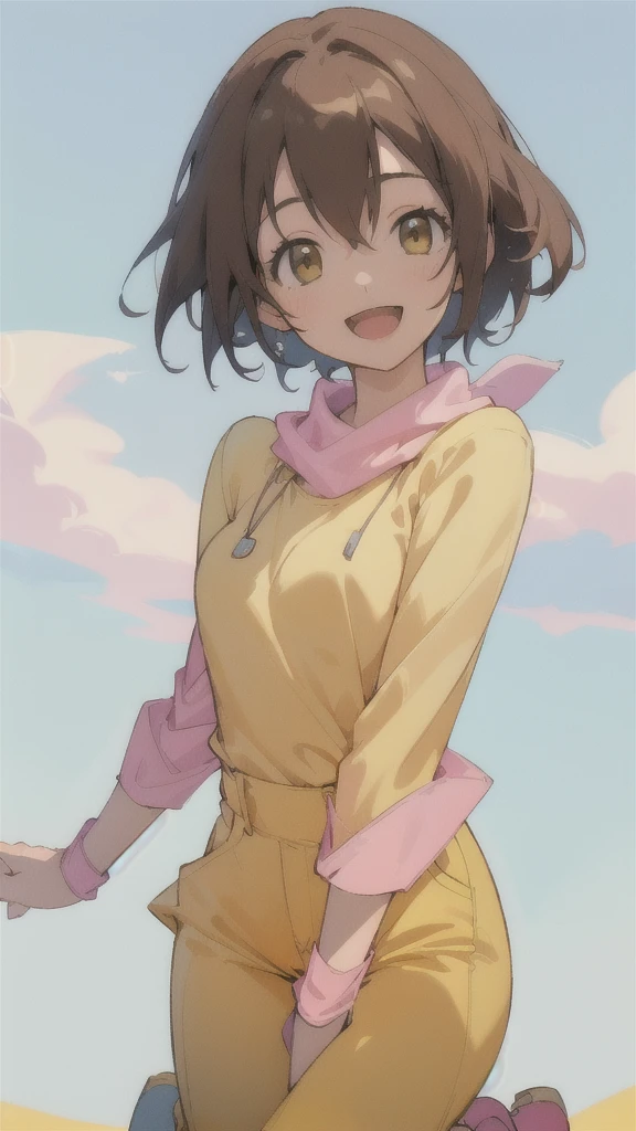 Top quality, masterpiece, high resolution, details, Top quality, masterpiece, high resolution, details, perfect anat○my, (cute girl), smiling, arms behind her back, HikariDigi, open mouth, yellow sleveless shirt, pink pants, rubber boots, shoes, sky, solo,Background is blue sky, upper body