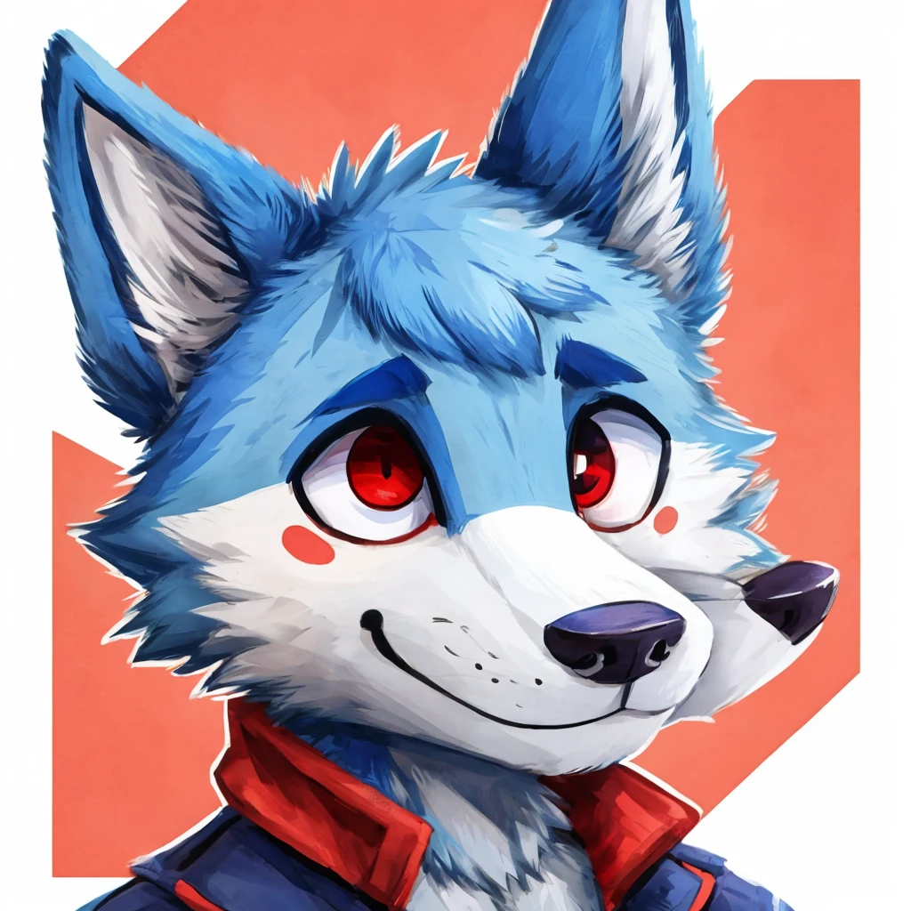 Kopfschuss of a cute and anthropomorphic blue colored fur, wolf, geschlossenes Lächeln, Er hat ein rotes Auge von den beiden Augen., Er hat eine Jacke, Kopfschuss, Hochwertige Furry-Kunst, süßer Hintergrund. Animal Crossing-Stil.