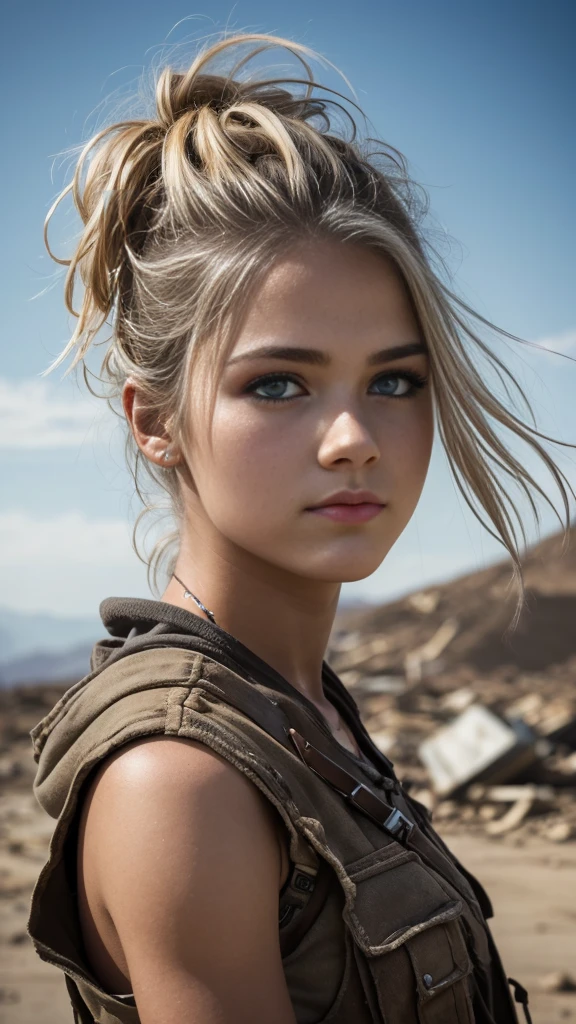 In a desolate post-apocalyptic world, where civilization has crumbled and the remnants of society lie in ruins, you find yourself in the company of a 20 years old young female survivor. Dressed in a rugged wastelander costume, she exudes an air of toughness and resilience that only comes from years of navigating the harsh realities of this new world, American, white skin, blonde hair, blue-grey eyes, Nikon Z8 + NIKKOR Z 24-120 mm f/4 S