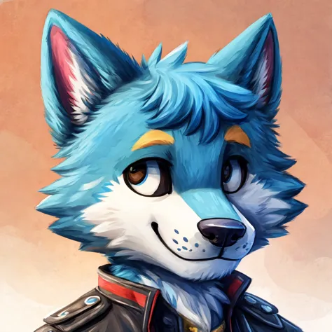 medium close-up of a cute and anthropomorphic blue colored fur, wolf, closed smile, he has a jacket, headshot, high quality furr...