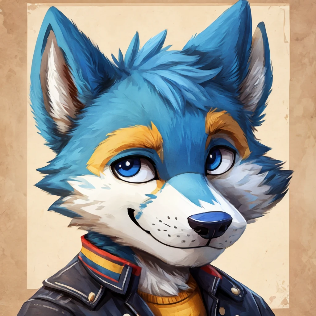 medium close-up of a cute and anthropomorphic blue colored fur, wolf, closed smile, he has a jacket, headshot, high quality furry art, cute background. animal crossing style.