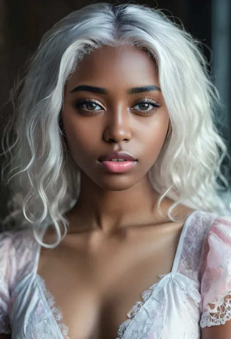 comely (((darkskin:1.2))) androgen:1.3, ((darkskin:1.2)), (((white hair))), ethereal darkskin beauty,blue piercing eyes,long flo...