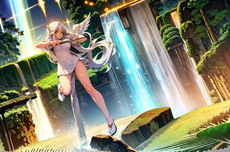 angel with spear of light big hair white hair reluctant hair golden yellow eyes flying over a waterfall in front of a huge red d...