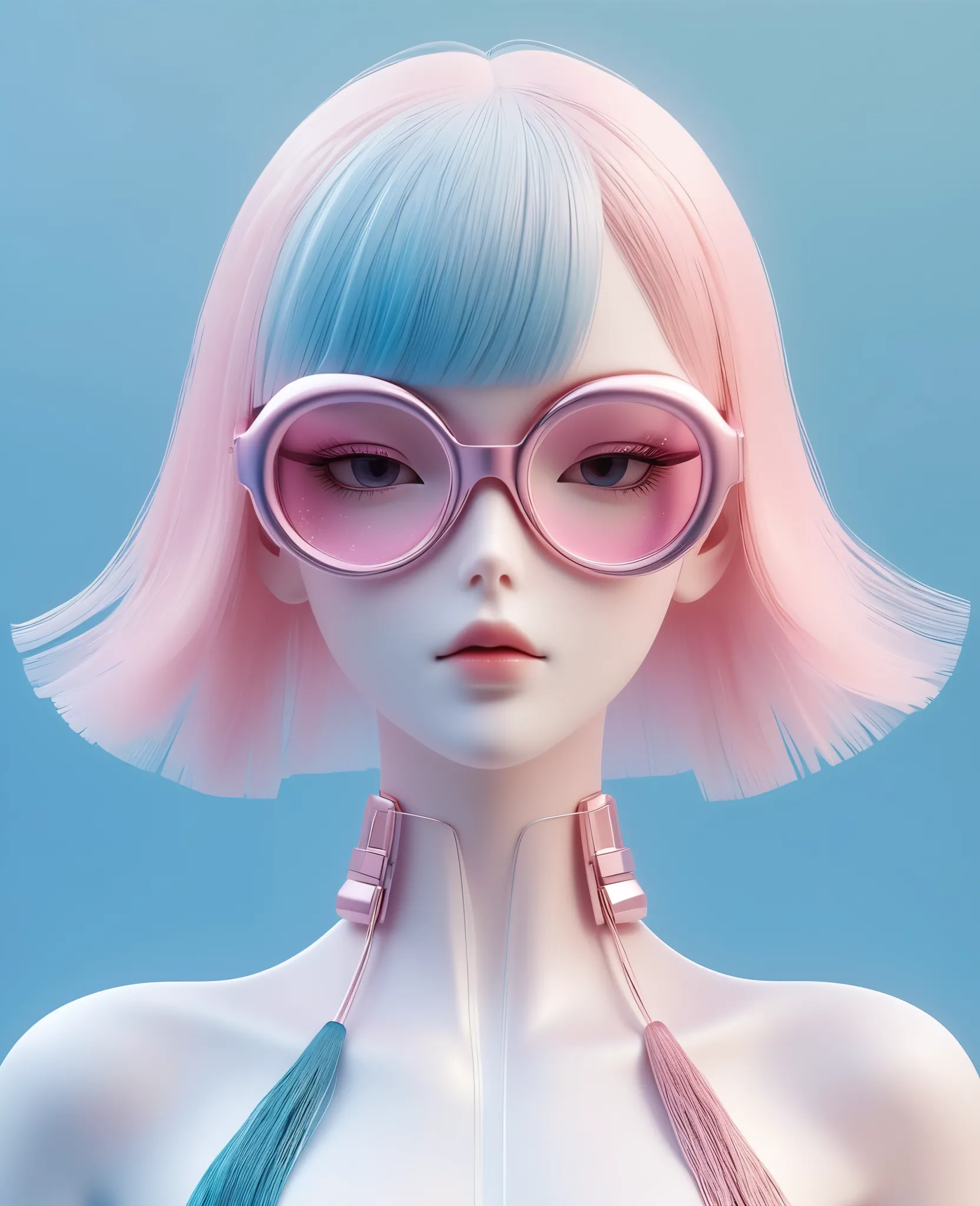 3D illustration of upper body and face of artificial intelligence model wearing futuristic glasses, Stylish glasses with tassels，Gradient background, Pastel color palette, pink blue, Simplicity, cold metallic textures, Surrealism,