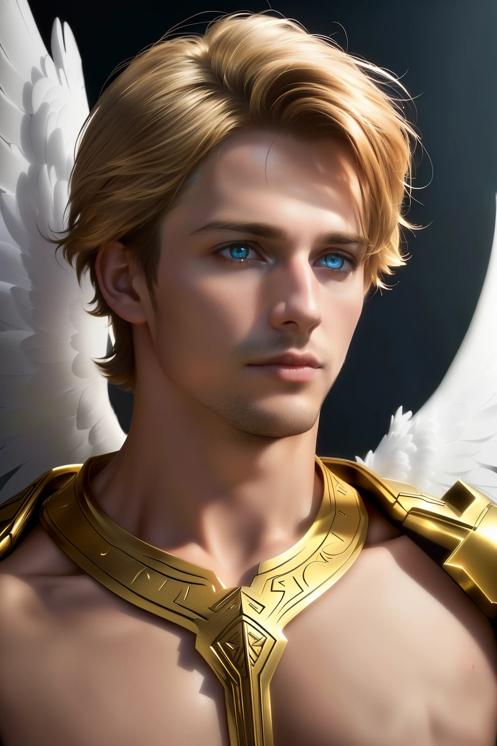 looking into camera, best quality, masterpiece, upper body, bright highlights, (extremely detailed CG unity 8k wallpaper), handsome young man, angelic wings, halo, (male, man), messy hair, short hair, serious, dramatic pose, cinematic lighting, photorealistic, dynamic pose, sharp-focus, 80s fantasy art, (photorealistic:1.4), (masterpiece, finely detailed beautiful eyes: 1.2), masterpiece*portrait, realistic, 3d face, glowing eyes, blonde hair, golden Loincloth 