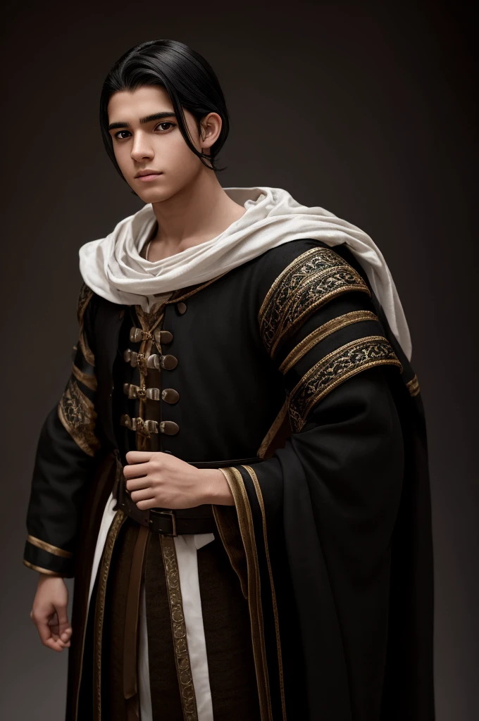 18 year old young man, medieval clothing, old clothes. black hair, black eyes, white skin, realistic skin, standing pose, portrait, realistic skin, 4k, beatifull face, short and straight hair