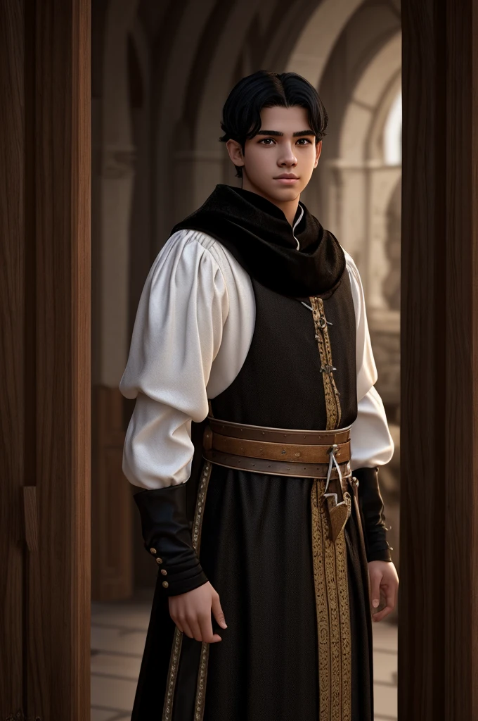 18 year old young man, medieval clothing, old clothes. black hair, black eyes, white skin, realistic skin, standing pose, portrait, realistic skin, 4k, beatifull face, short and straight hair