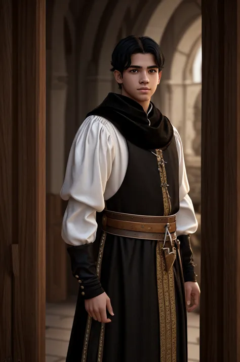 18 year old young man, medieval clothing, old clothes. black hair, black eyes, white skin, realistic skin, standing pose, portra...