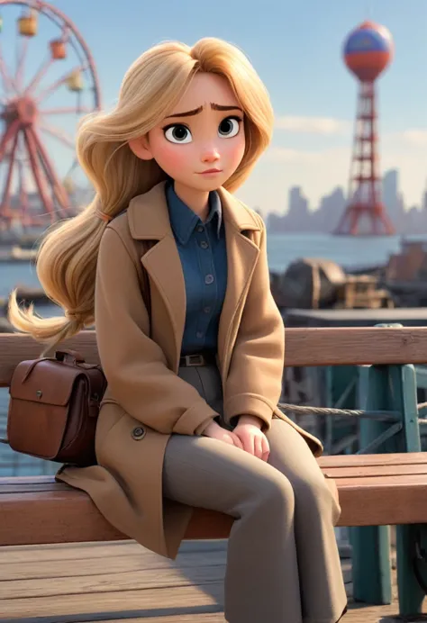 (disney pixar style:1.2) (cute adorable girl:1.15) (adult age 20:1.15) A blonde haired in a long ponytail sits on a wooden bench...
