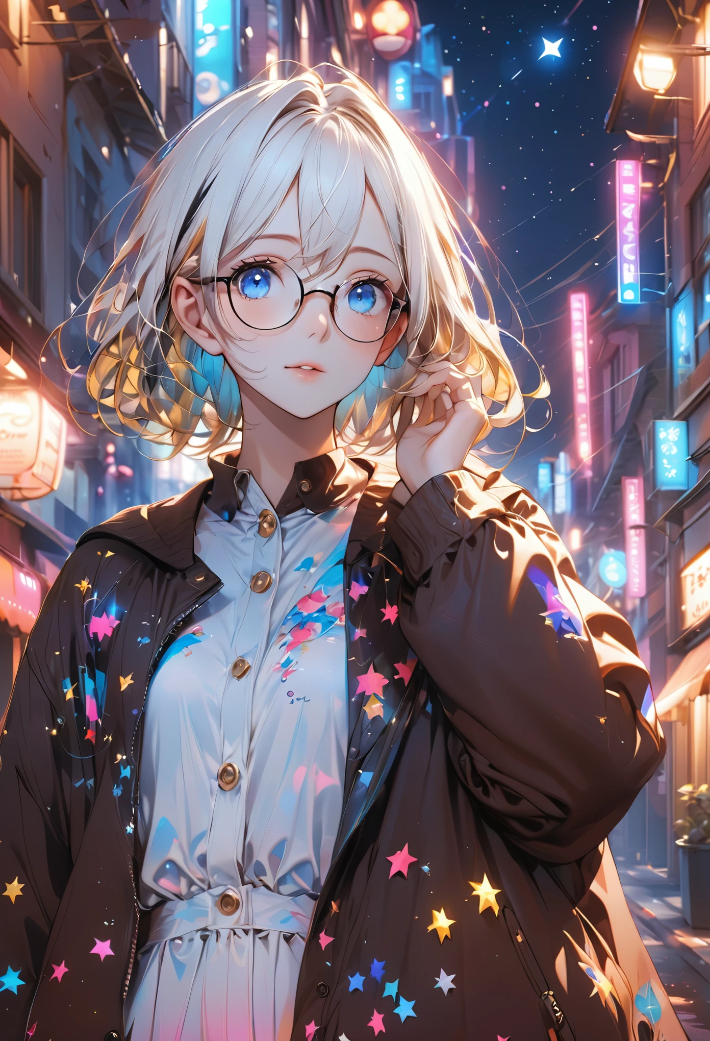 ((Very detailed), Town, night, neon, stars, Exterior lights, building, emissive, lights), ((Cinematic), neonで描く, Gradation, Crisp lighting), ((Ultra-detailed, Beautiful Face, 1 girl), one girl, Very detailed, whole body, cute, Beautiful eyes drawn in detail, short hair, white hair, blonde hair, multicolored hair, blue eyes, glasses, Wearing glasses, ennui, Beautiful Hands, Fluttering Hair))