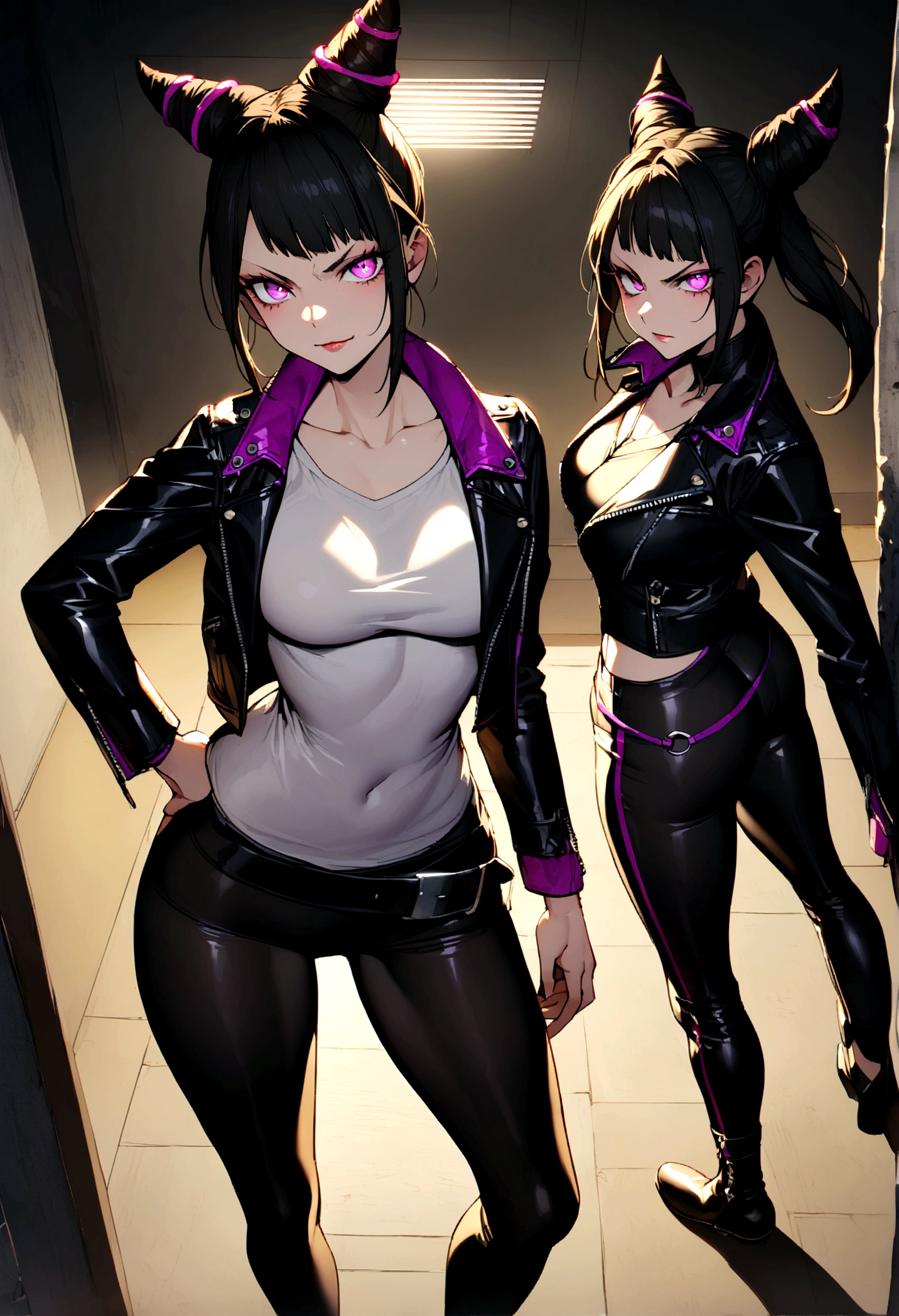 juri han,standing with your back to the viewer,beautiful young warrior , with a very detailed and beautiful face, beautifuleyes, beautifuleyes, gorgeous face, glowing purple eyes,beautiful young woman wearing long black leggings with black details, usando leather jacket preta, Standing in an office, wearing black boots, horn hair, with black fringe, evil smile ,white sweater with strap around, serious look,usando leather jacket preto, leather jacket,yellow lighting, evil smile,leggings,
