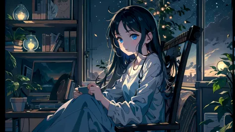 Create an illustration of a girl with black hair and blue eyes, sitting in a chair in front of a desk, Sentimental, Introspectiv...