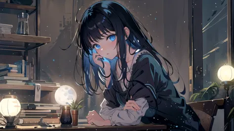 Create an illustration of a girl with black hair and blue eyes, sitting in a chair in front of a desk, Sentimental, Introspectiv...