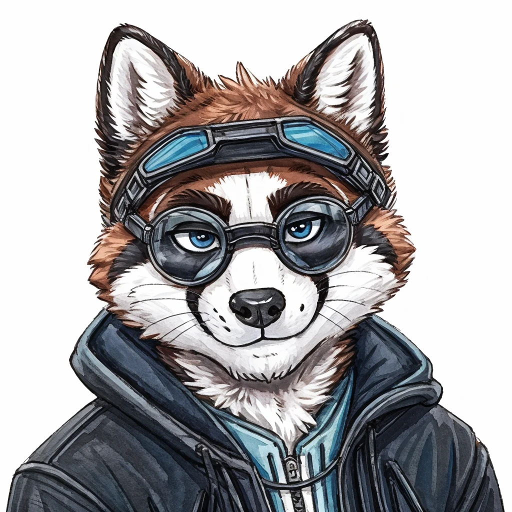 Kopfschuss eines anthropomorphen Waschbären, geschlossenes Lächeln, er hat eine runde Lesebrille, eine schwarze Jacke mit weißen Schnürsenkeln, Hochwertige Furry-Kunst, hochwertige Fursona-Referenz.