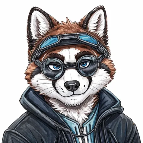 headshot of a anthropomorphic raccoon, closed smile, he has a round type of reading googles, a black with white laces jacket, hi...