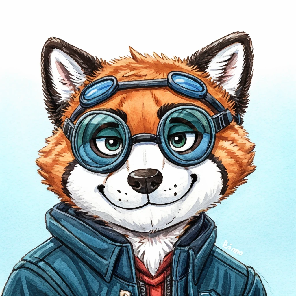 Kopfschuss eines anthropomorphen Waschbären, geschlossenes Lächeln, er hat eine runde Lesebrille, eine schwarze Jacke mit weißen Schnürsenkeln, Animal Crossing-Stil, Hochwertige Furry-Kunst, hochwertige Fursona-Referenz.