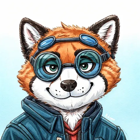 headshot of a anthropomorphic raccoon, closed smile, he has a round type of reading googles, a black with white laces jacket, an...