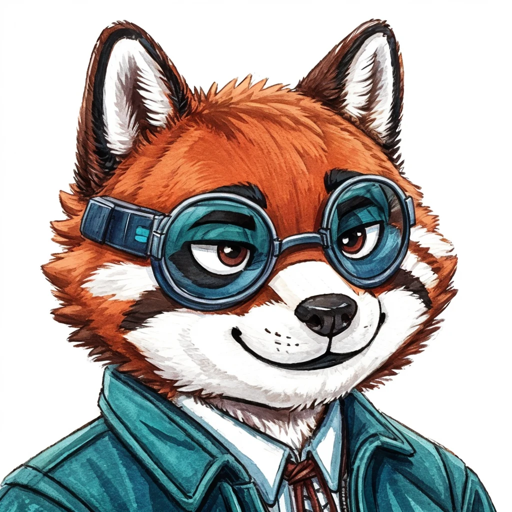 Kopfschuss eines anthropomorphen Waschbären, geschlossenes Lächeln, er hat eine runde Lesebrille, eine schwarze Jacke mit weißen Schnürsenkeln, Animal Crossing-Stil, Hochwertige Furry-Kunst, hochwertige Fursona-Referenz.