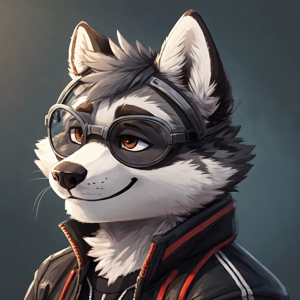 Kopfschuss eines anthropomorphen Waschbären mit grauem Fell, geschlossenes Lächeln, er hat eine runde Lesebrille, eine schwarze Jacke mit weißen Schnürsenkeln, Hochwertige Furry-Kunst, hochwertige Fursona-Referenz.