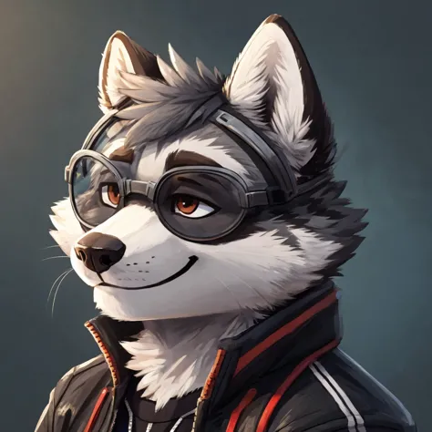 headshot of a grey fur anthropomorphic raccoon, closed smile, he has a round type of reading googles, a black with white laces j...