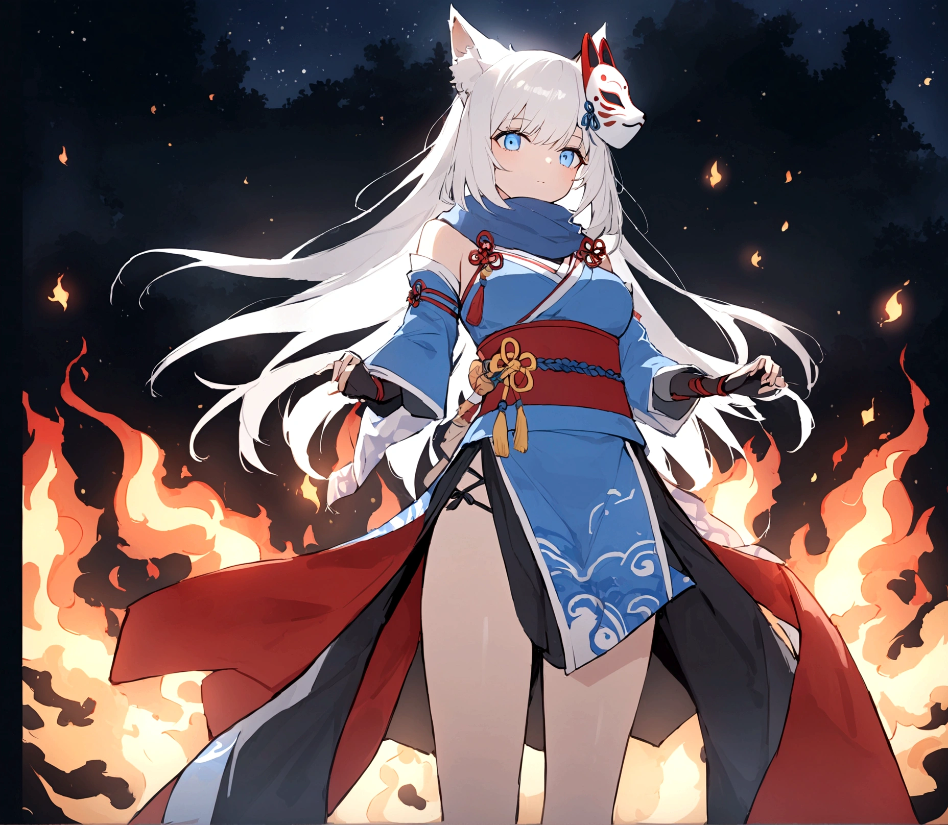 Burning flame background、gauntlet、Burning Fire、Staring at me through dark sunglasseasterpiece, best quality:1.2), 1girl, 独奏,Wolf girl, fox mask, ninja, girl, long white hair, odd eyes, blue kimono, ninja girl, red and blue scarf,Dancing fire backlighting, light coming in, fantastic atmosphere.night、Shadows of light and darkness、Eyes glowing in the dark、Black fox mask、Fisheye Lens、Expansive starry sky、long hair that spreads、Aside exposure