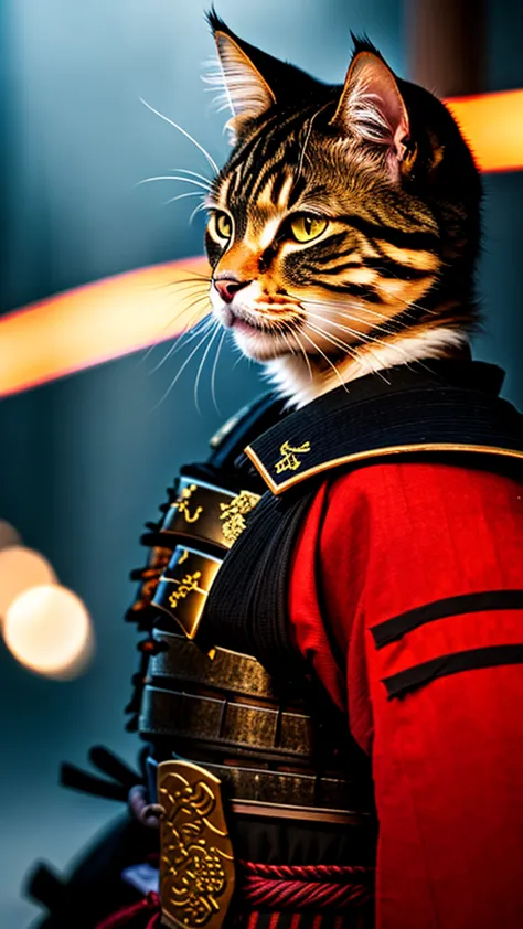 a cat, ((samurai outfit)), epic scene, dynamic camera, backlight, (close up:1.2), high quality photography, 3 point lighting, fl...