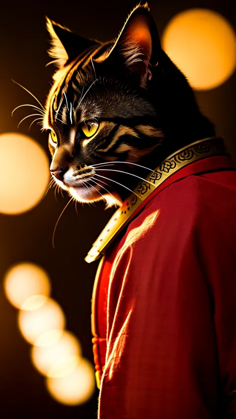 a cat, ((samurai outfit)), epic scene, dynamic camera, backlight, (close up:1.2), high quality photography, 3 point lighting, fl...