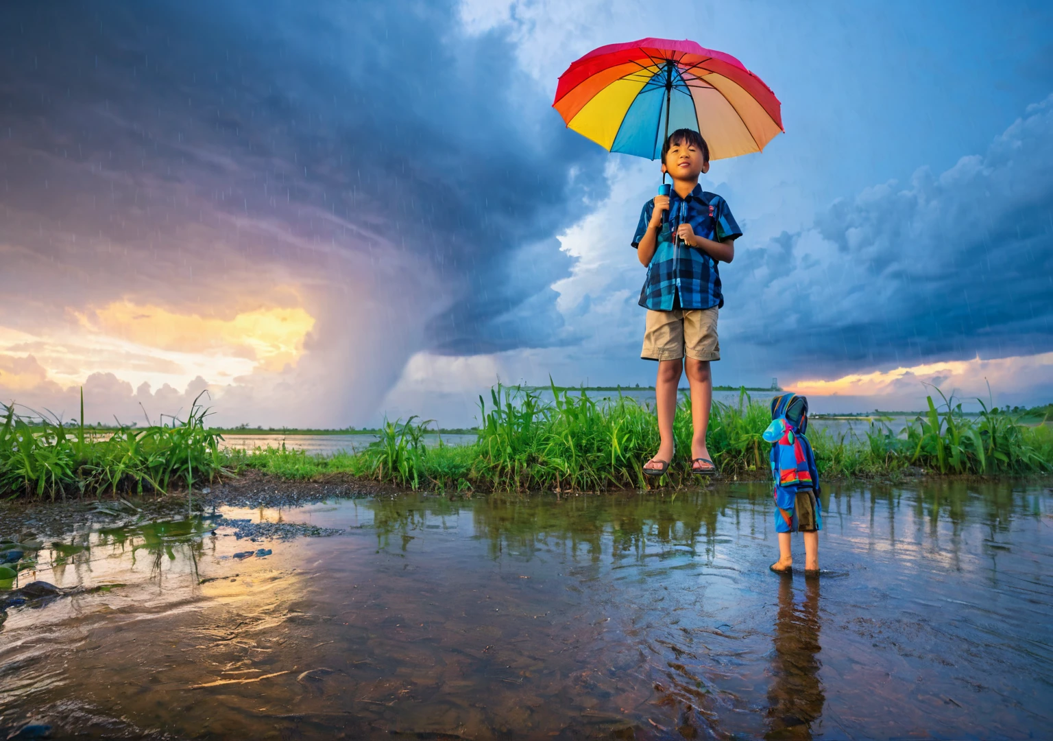 enfant debout sur le rivage d'une rivière sous la pluie , debout à reculons , parapluie multicolore , Ciel bleu en arrière-plan , vue du coucher du soleil , prise de vue ultra large 