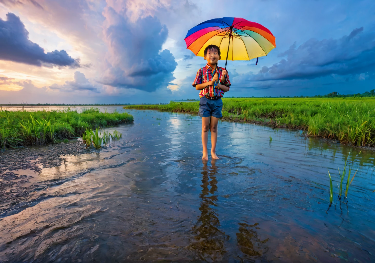 enfant debout sur le rivage d'une rivière sous la pluie , debout à reculons , parapluie multicolore , Ciel bleu en arrière-plan , vue du coucher du soleil , prise de vue ultra large 