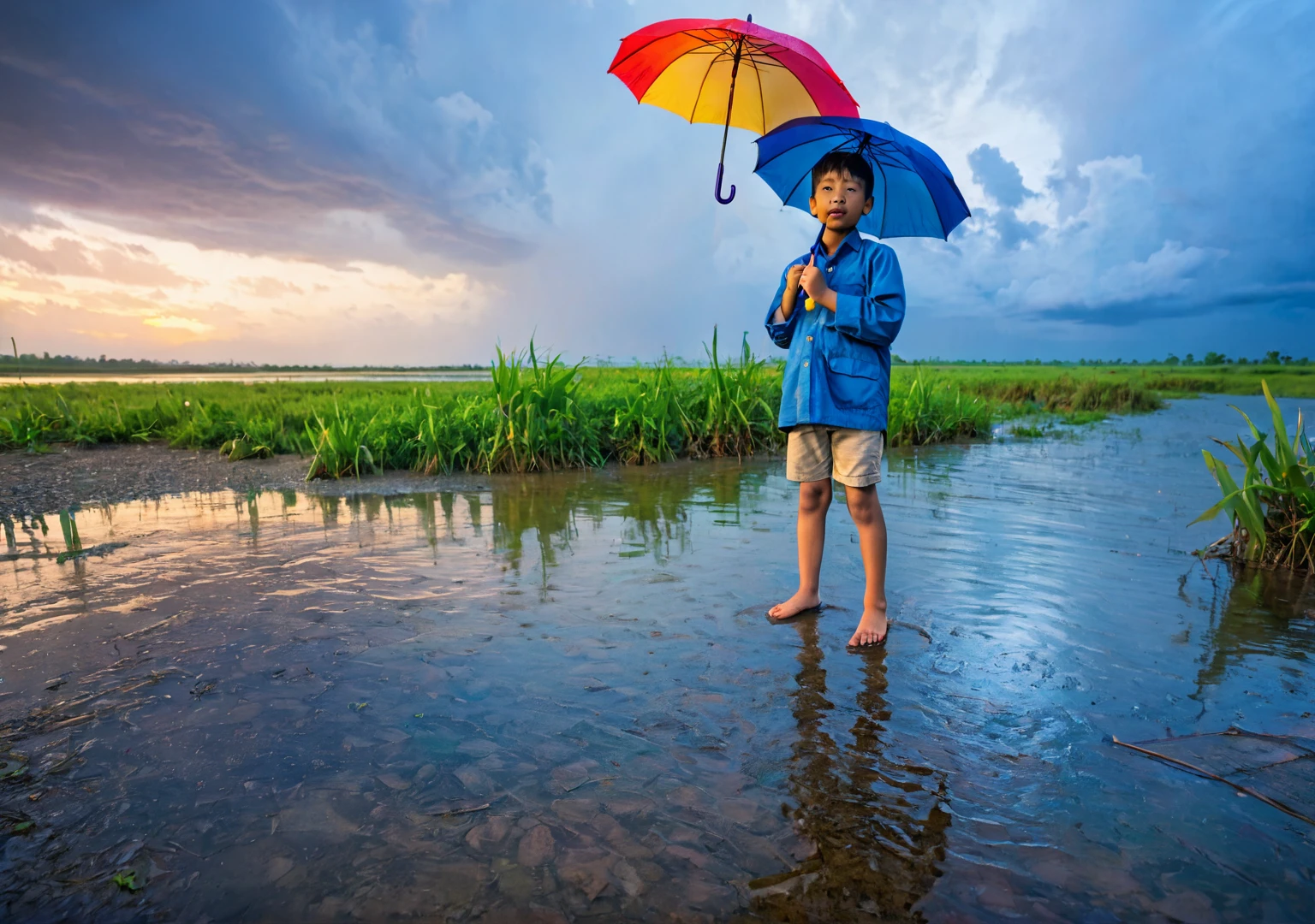 criança em pé na margem do rio sob a chuva , de costas , guarda-chuva multicolorido , céu azul ao fundo , vista do pôr do sol , foto ultralarga 