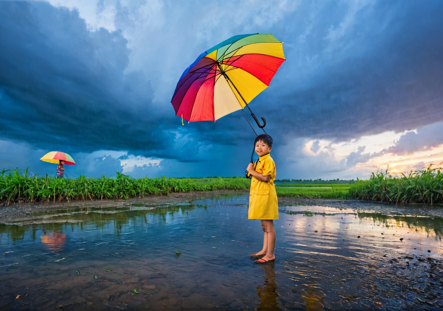 kid standing in river shore in rain , standing backwords , multi color umbrella , blue sky in background , sunset view , ultrawide shot 