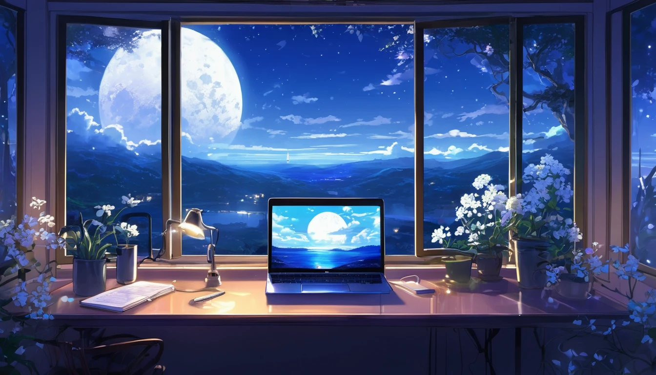 A tranquil scene unfolds in a magical laboratory setting.: a laptop with a bright screen rests on a desk next to a large window, showing a serene moonlit landscape. Blue neons softly illuminate white flowers next to a tablet and PC monitor. A vocal microphone and headphones hint at the creativity buzzing in the air. This anime inspired digital painting., winning a pixiv contest, exudes a welcoming, Lovely atmosphere, captivating viewers with its blend of mystical realism and fairytale charm..