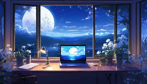 A tranquil scene unfolds in a magical laboratory setting.: a laptop with a bright screen rests on a desk next to a large window,...