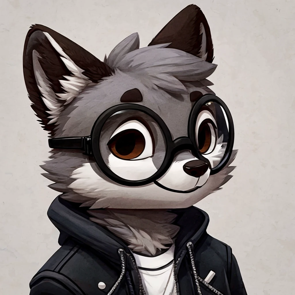 Kopfschuss eines anthropomorphen Waschbären mit grauem Fell, geschlossenes Lächeln, Er trägt eine runde Brille., eine schwarze Jacke mit weißen Schnürsenkeln, Hochwertige Furry-Kunst, Chibi-Stil, hochwertige Fursona-Referenz.