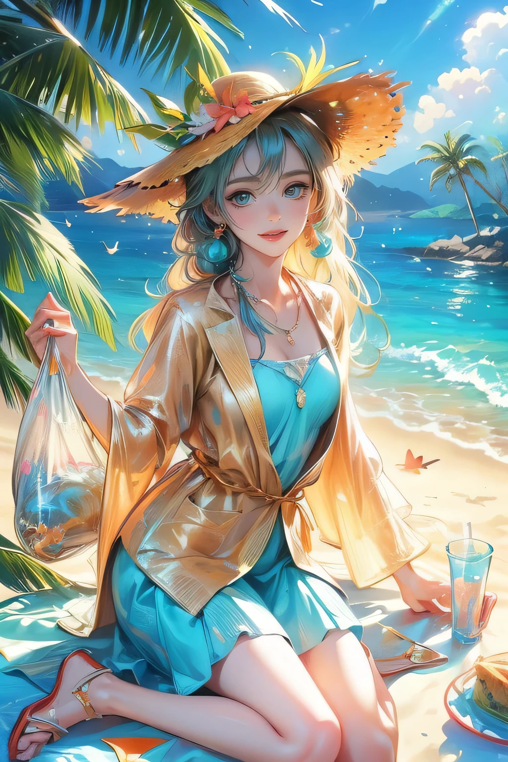 (Highest quality, High resolution, 32k , Super detailed:1.3, masterpiece:1.2, Realistic:1.37), Enjoying a beach vacation, pretty girl, Pastel sunglasses on head, Crystal White Skin, Wearing a colorful and cute swimsuit with ribbons, Golden sandy beaches, Clear turquoise water, Gentle sea waves, Shining Sun, cool ocean breeze, Palm trees swaying, Playful seagulls, Expression of joy, Long flowing hair, smile, Rosy Cheeks, Sparkling eyes, Sand toe, Beach towel, Sunscreen lotion, Straw hat, vibrant and lively atmosphere, Summer atmosphere, Happy and carefree, Carefree laughter, relaxing getaway, Colorful beach umbrellas, Refreshing tropical drinks, Beach Toys, Beach ball, shell, Sand castles, footprints in the sand, Family and friends having fun, Vibrant beach scene, Perfect summer moments, pure joy and happiness, The magic of childhood, eternal memories