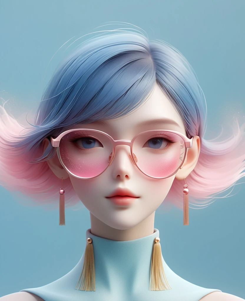 3D illustration of upper body and face of artificial intelligence model wearing futuristic glasses, Stylish glasses with tassels，Gradient background, Pastel color palette, pink blue, Simplicity, cold metallic textures, Surrealism,