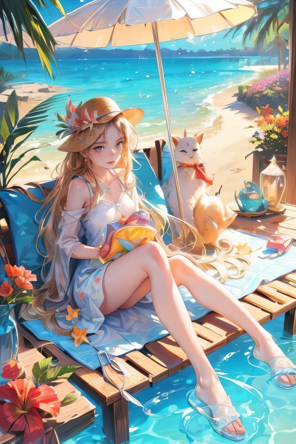 (Highest quality, High resolution, 32k , Super detailed:1.3, masterpiece:1.2, Realistic:1.37), Enjoying a beach vacation, pretty girl, Pastel sunglasses on head, Crystal White Skin, Wearing a colorful and cute swimsuit with ribbons, Golden sandy beaches, Clear turquoise water, Gentle sea waves, Shining Sun, cool ocean breeze, Palm trees swaying, Playful seagulls, Expression of joy, Long flowing hair, smile, Rosy Cheeks, Sparkling eyes, Sand toe, Beach towel, Sunscreen lotion, Straw hat, vibrant and lively atmosphere, Summer atmosphere, Happy and carefree, Carefree laughter, relaxing getaway, Colorful beach umbrellas, Refreshing tropical drinks, Beach Toys, Beach ball, shell, Sand castles, footprints in the sand, Family and friends having fun, Vibrant beach scene, Perfect summer moments, pure joy and happiness, The magic of childhood, eternal memories
