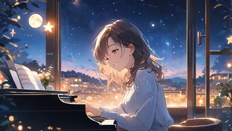 A woman playing the piano. She is smiling happily. We are in a relaxing space at a cafe. The scenery seen from the window is at ...