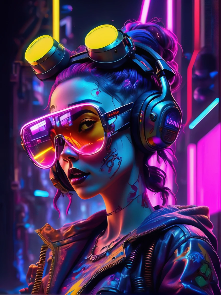 best quality, masterpiece, 3d, Pixar Artwork, Electronic variants, (Cartoon mechanical girl zombie wearing big glasses in the factory:1.5)，in a dynamic dancing pose within a colorful virtual reality world teeming with neon lights and vibrant holograms, The scene bears the influences of both pop art and graffiti, a truly cyberpunk-inspired ensemble with explosive energy, created using digital painting methods and radiant, glowing effects