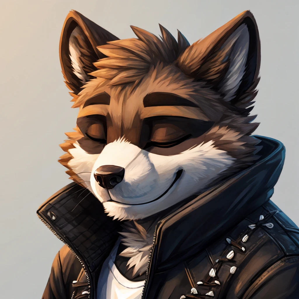 headshot of a grey fur anthropomorphic raccoon, closed smile, dressed with a black with white laces jacket, high quality furry art, high quality fursona ref.