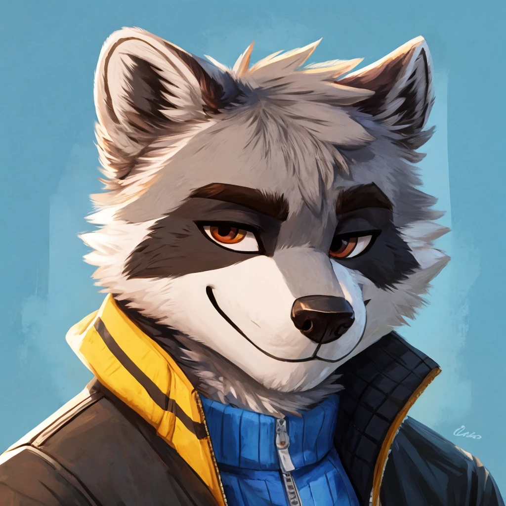 headshot of a grey anthropomorphic raccoon, closed smile, he's dressed with a jacket, high quality furry art, high quality fursona ref.