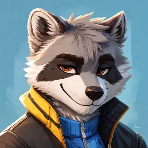 headshot of a grey anthropomorphic raccoon, closed smile, he's dressed with a jacket, high quality furry art, high quality furso...