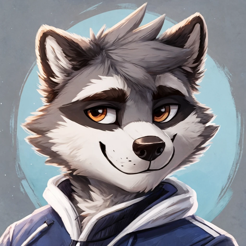 headshot of a grey anthropomorphic raccoon, closed smile, he's dressed with a jacket, high quality furry art, high quality fursona ref.