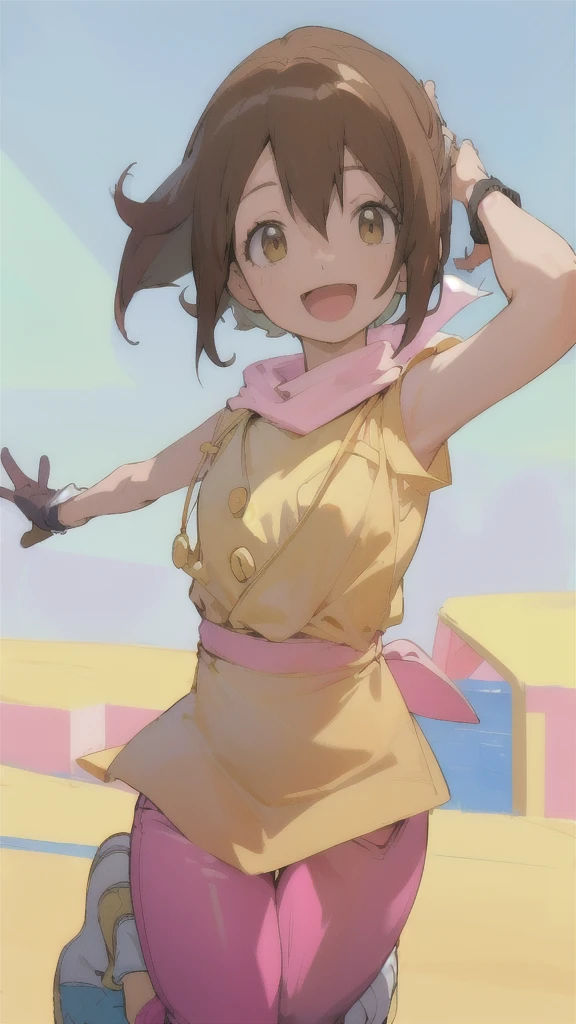 Top quality, masterpiece, high resolution, details, Top quality, masterpiece, high resolution, details, perfect anatomy, (cute girl), smiling, HikariDigi, open mouth, yellow sleveless shirt, pink pants, rubber boots, shoes, sky, solo,Background is blue sky, upper body、Kindergartener, 