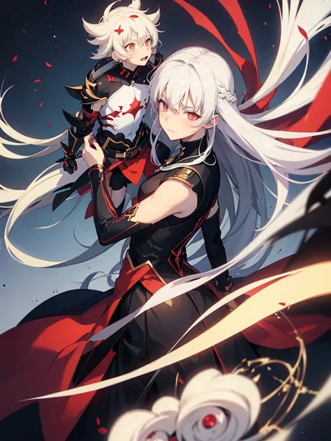 anime boy with white hair wearing war amor , holding anime girl with black and red long hair, put on war amor blushing blushing