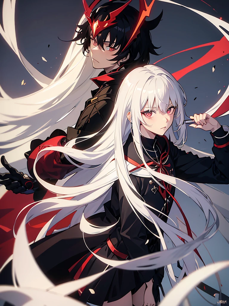 Anime boy with white hair wearing war amor , holding anime girl with black and red long hair, put on war amor blushing blushing 