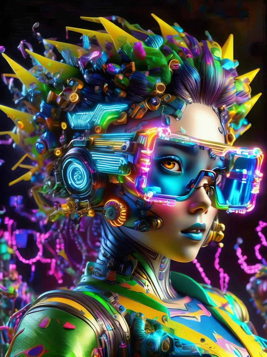 best quality, masterpiece, 3d, Pixar Artwork, Electronic variants, (Cartoon mechanical girl zombie wearing big glasses in the factory:1.5)，in a dynamic dancing pose within a colorful virtual reality world teeming with neon lights and vibrant holograms, The scene bears the influences of both pop art and graffiti, a truly cyberpunk-inspired ensemble with explosive energy, created using digital painting methods and radiant, glowing effects